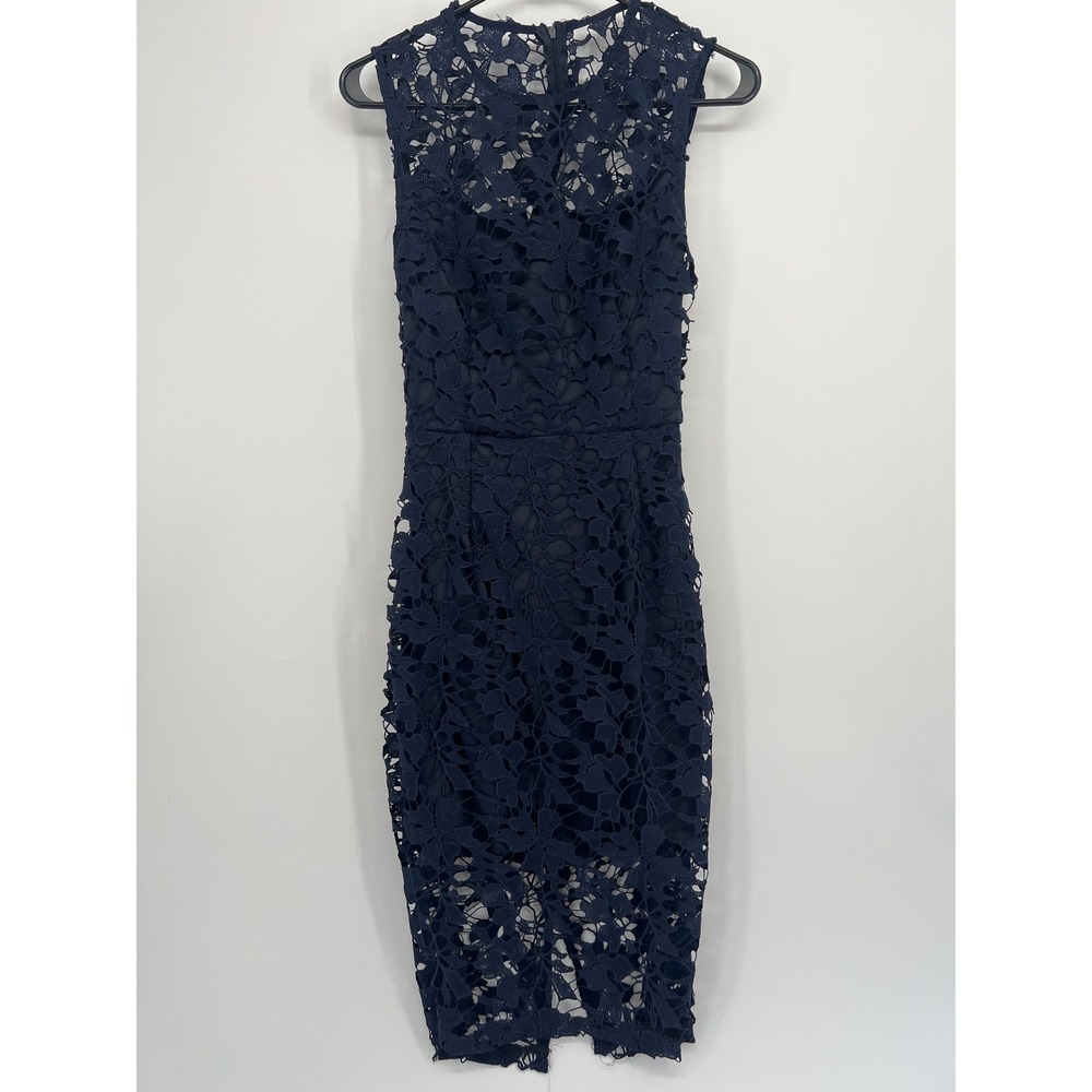 Women's Lace Midi Dress Cutout Back Navy Blue Small Cocktail Party Wedding Guest